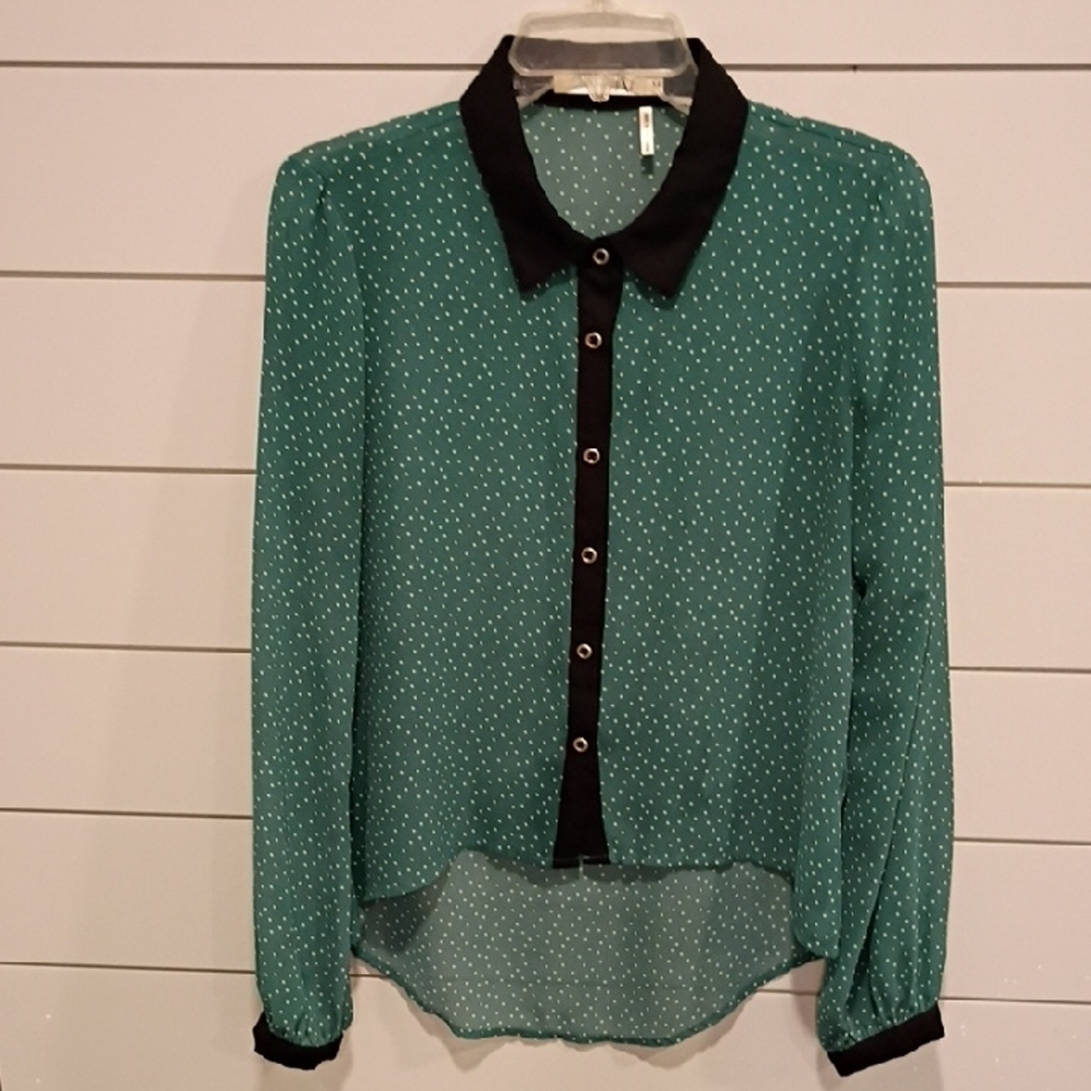 Y2K Emerald Green And Black Button Front  Sheet Blouse Size Medium - Picture 3 of 6